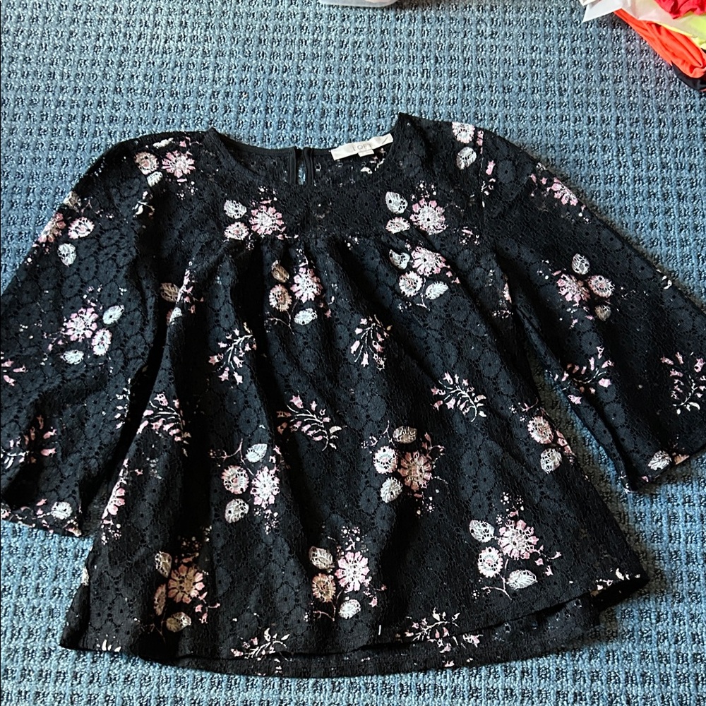 LOFT Black Lace Top with Pink Accents